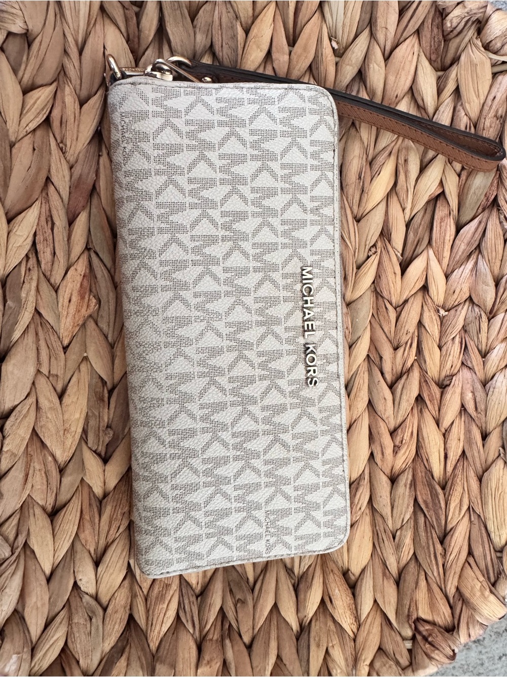 Michael Kors Cream Logo Zip Wristlet Wallet with Brown Strap